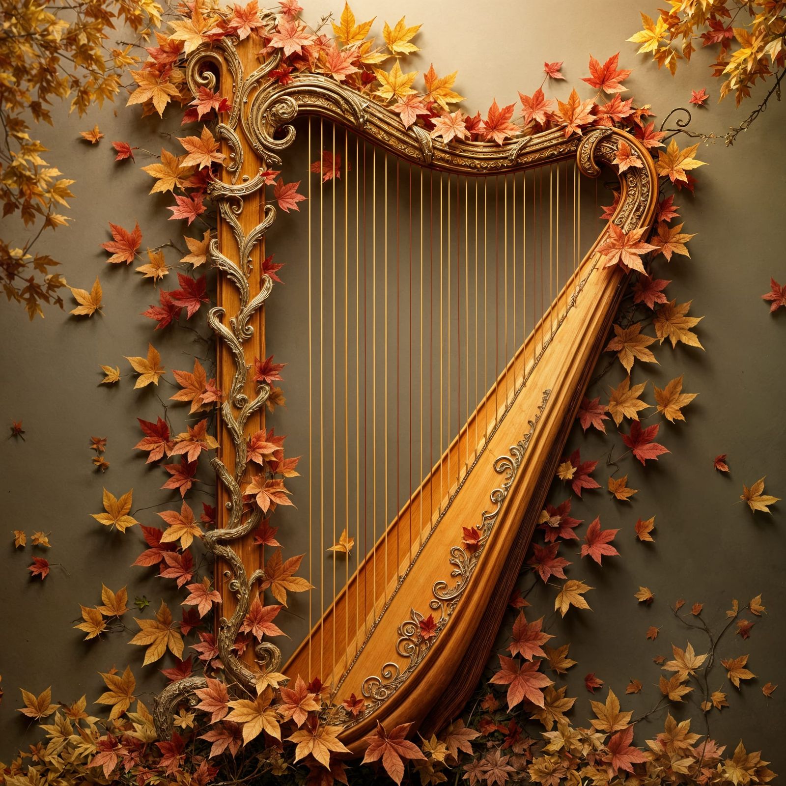 Ornate Fae-Harp Woven with Gold and Autumn Leaves