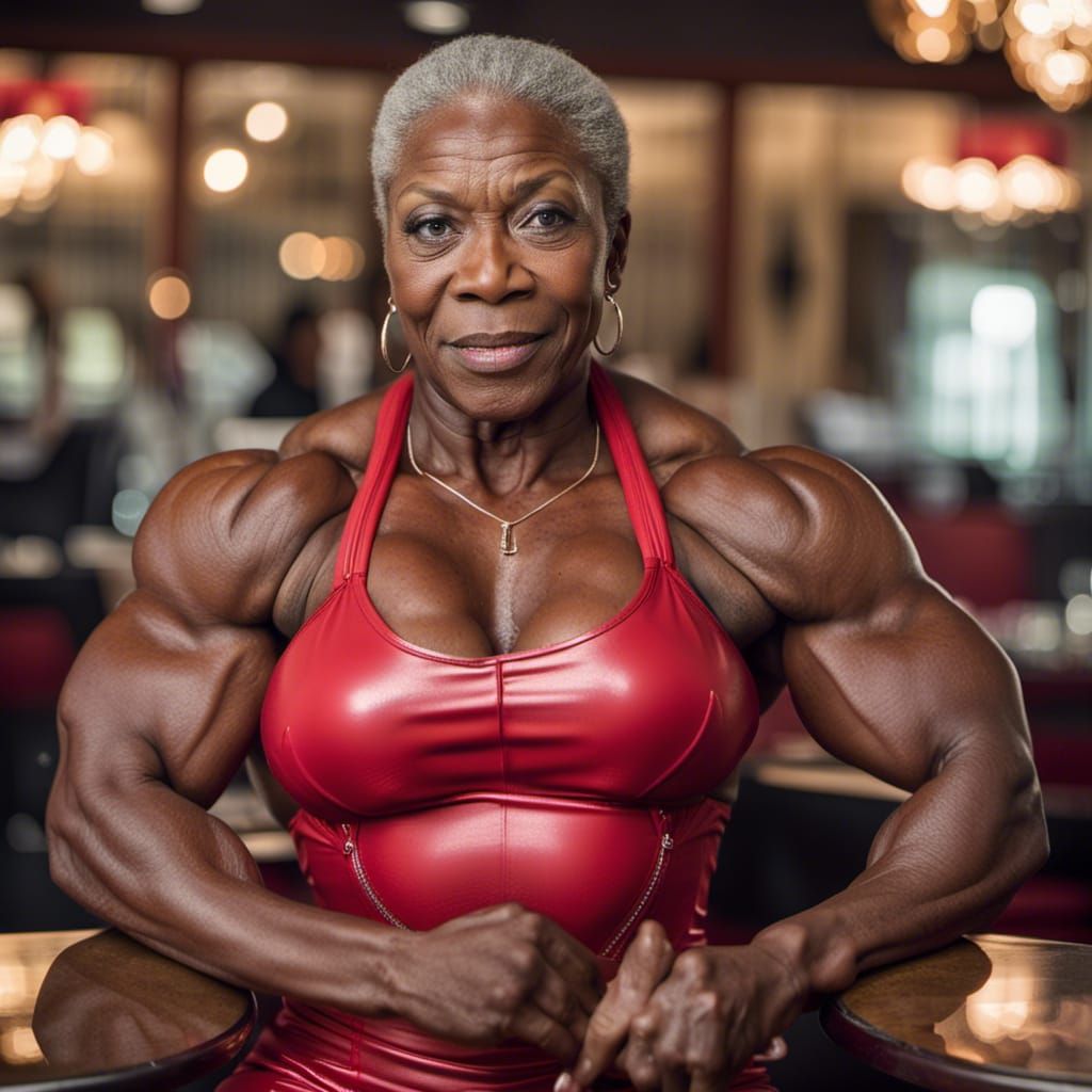 Muscular Nigerian Woman Bodybuilder in Red Dress
