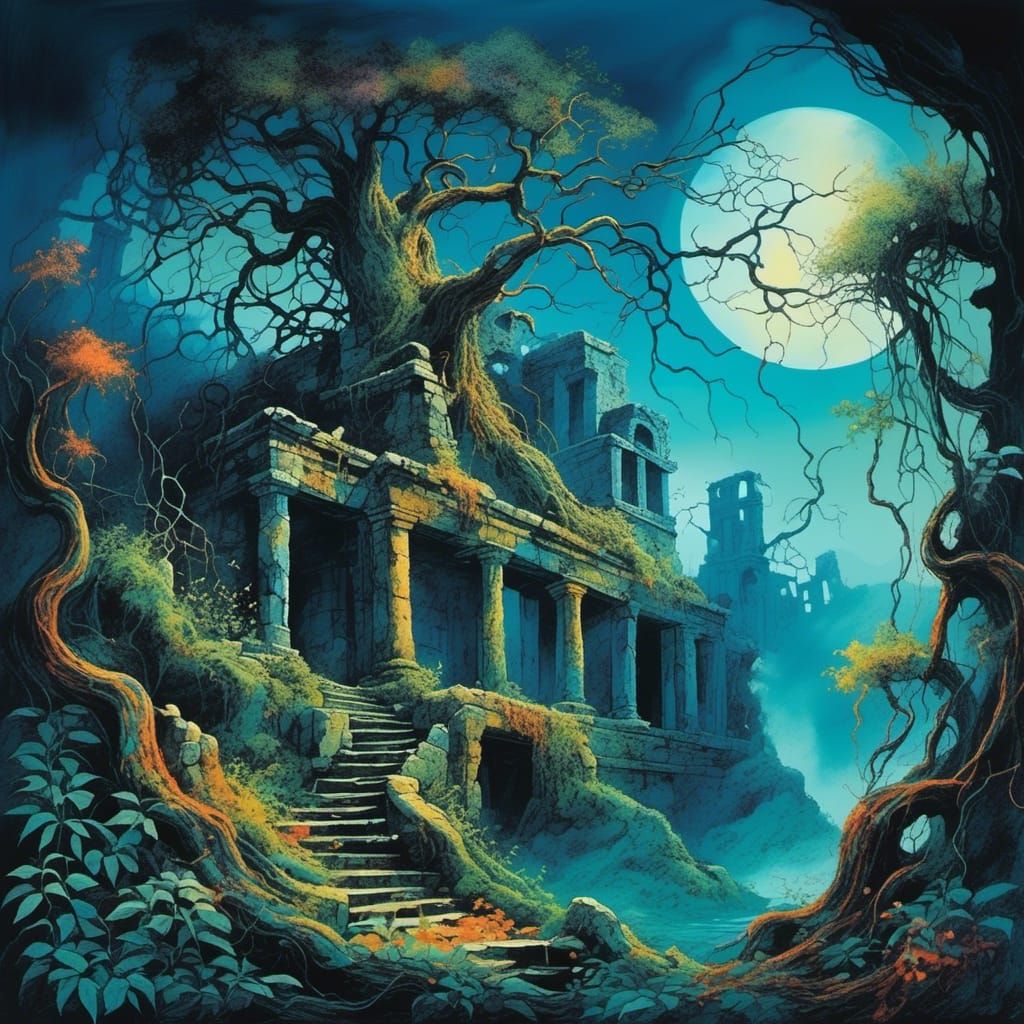 Moonlit Ruins in Dreamlike Surrealist Style