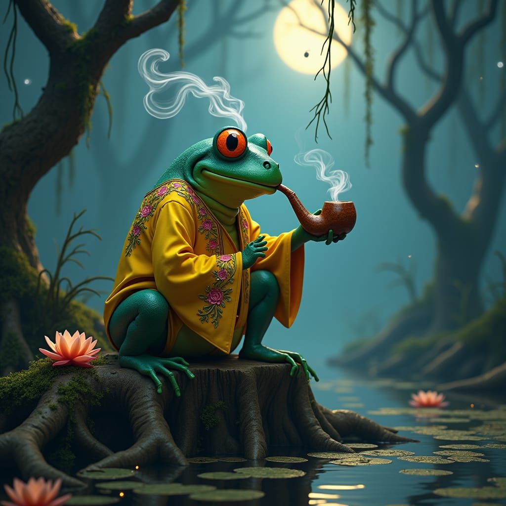 Surreal Swamp Scene with a Smoking Frog in a Yellow Shirt