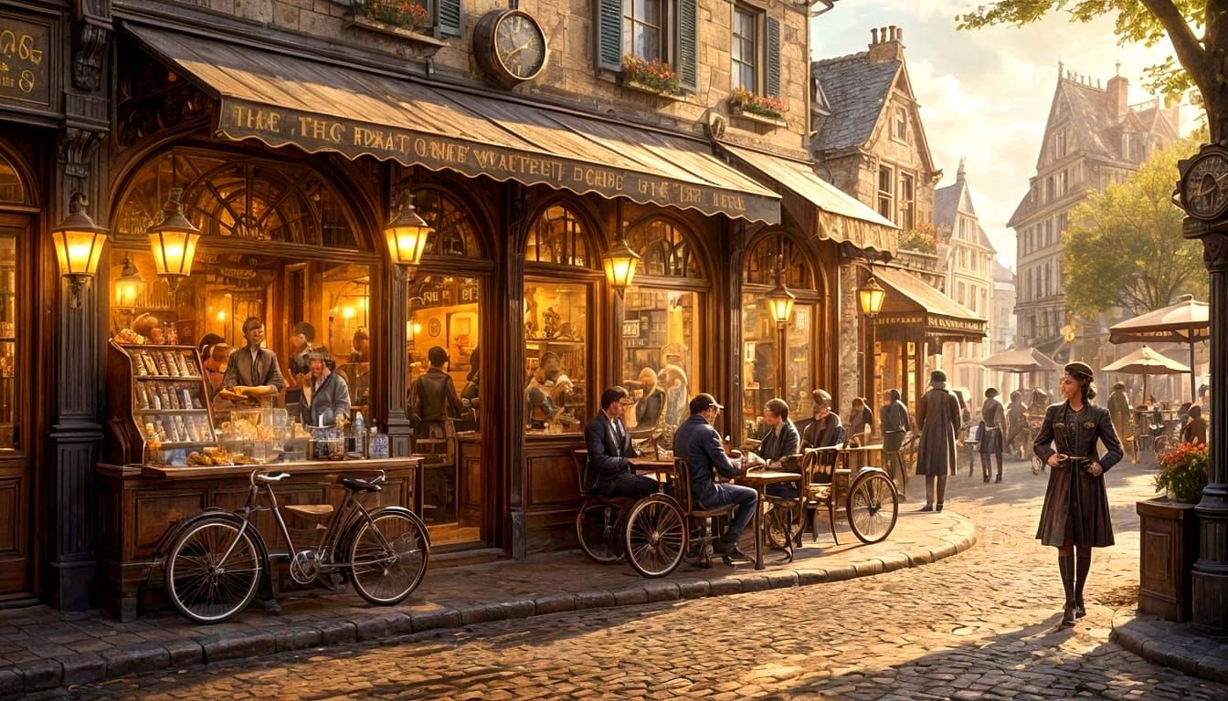 Steampunk Cafe with Automatons in Vintage Poster Style