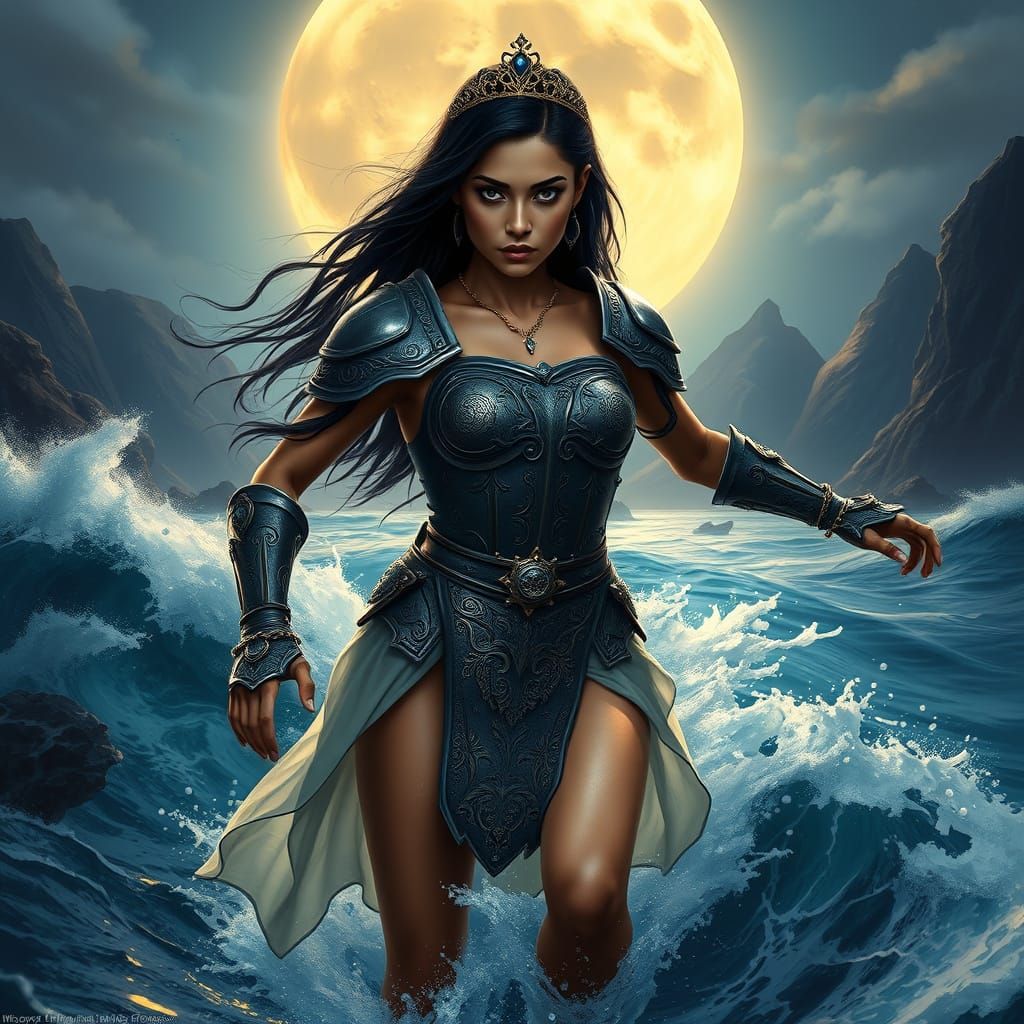 Venezuelan Woman Emerges from Stormy Ocean in Fantasy Armor