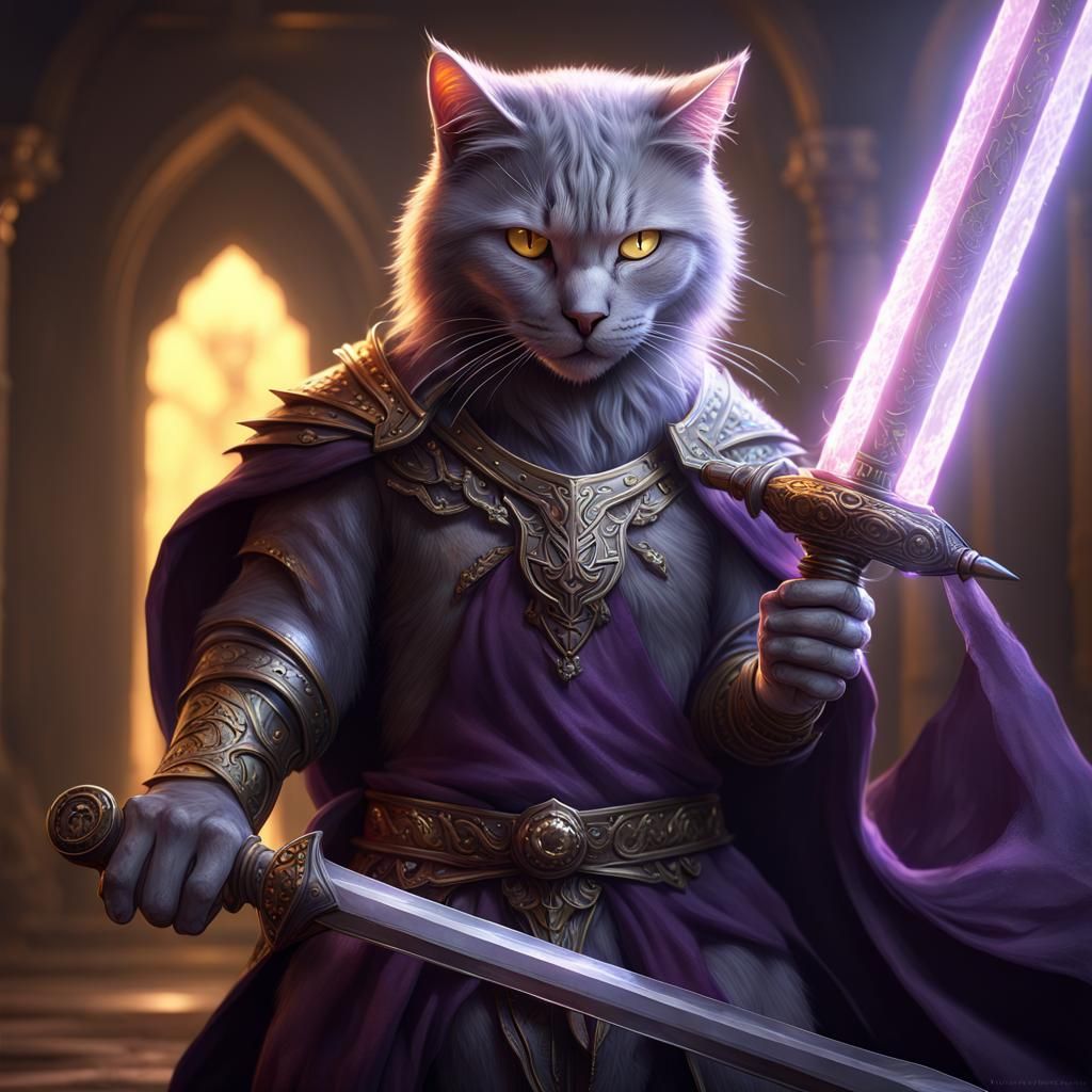 Gray Cat Battles Demon with Sword of Light