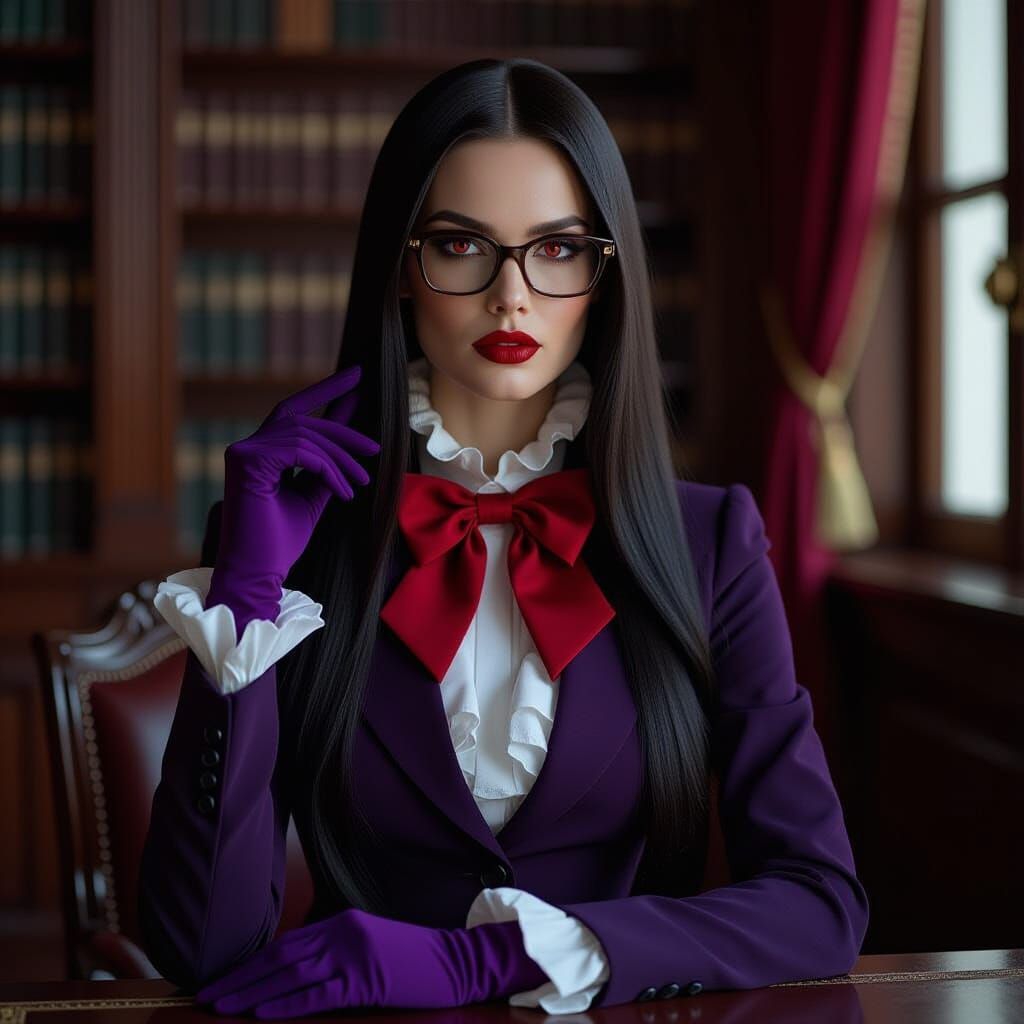 Elegant Woman in Purple Dress Suit, Photorealistic Style