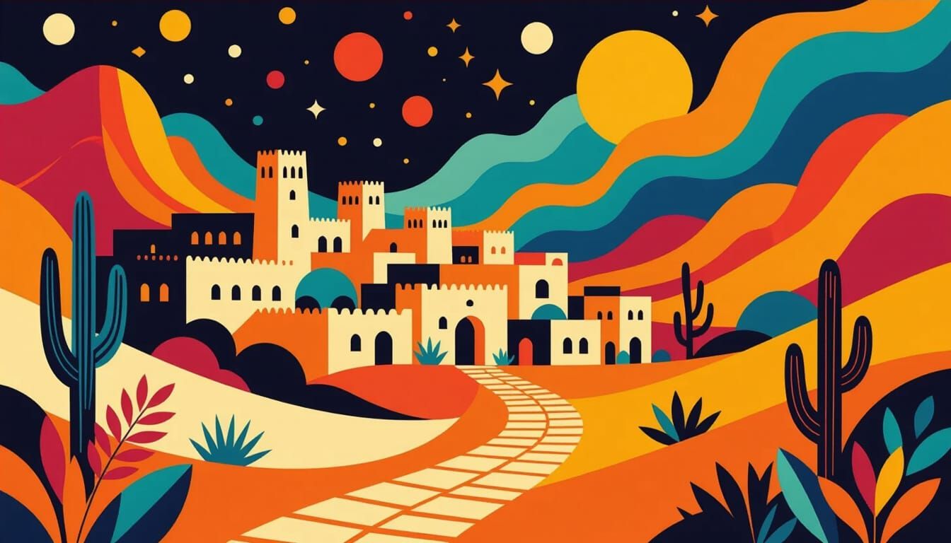 Desert Oasis Village in Cubist Line-Art