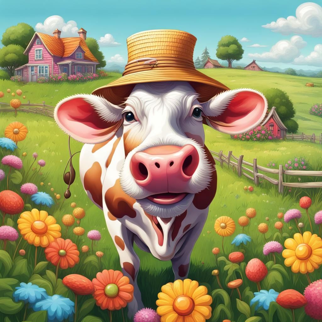 Cow in Field with Mouse and Cottage in Candy Art