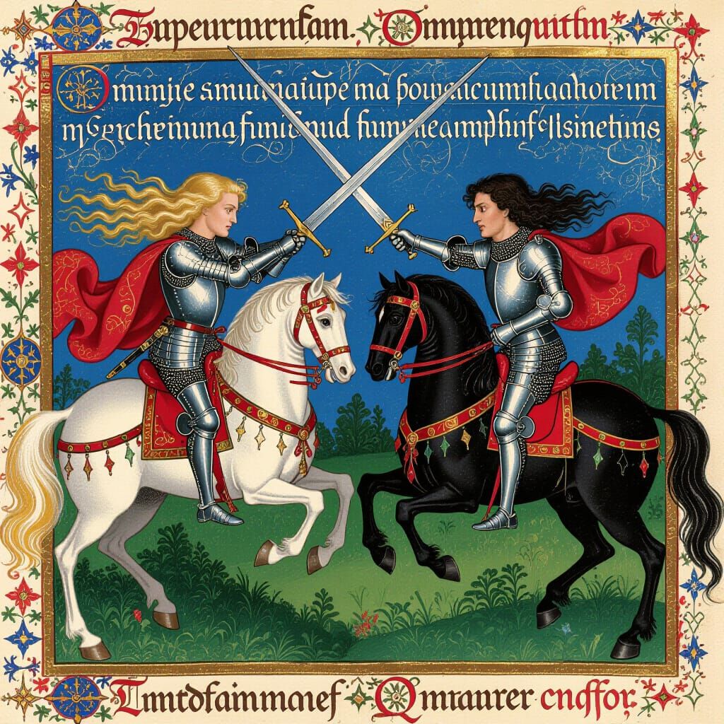 Medieval Knights Jousting in Illuminated Manuscript Style