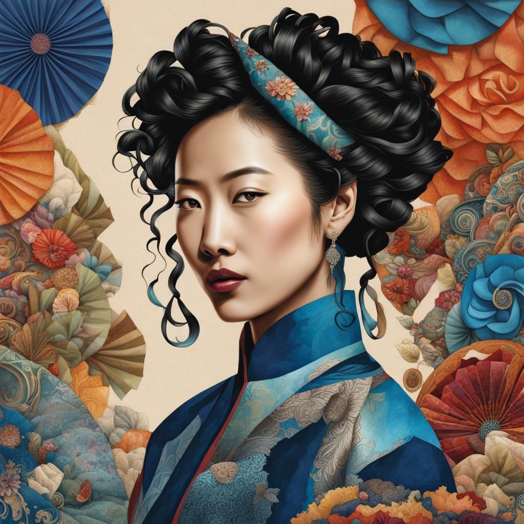 Chinese-American Woman Portrait on Fabric Collage