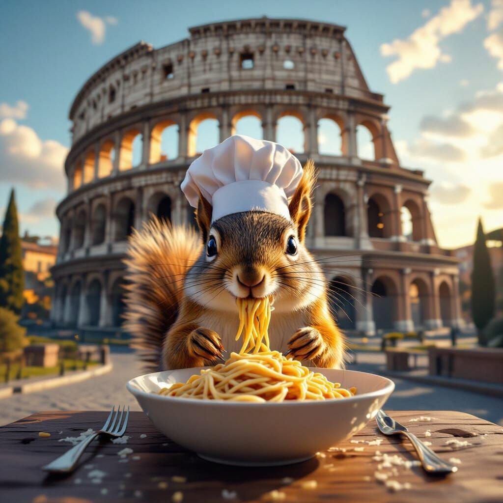 Fluffy Squirrel Chef Eats Pasta at the Colosseum