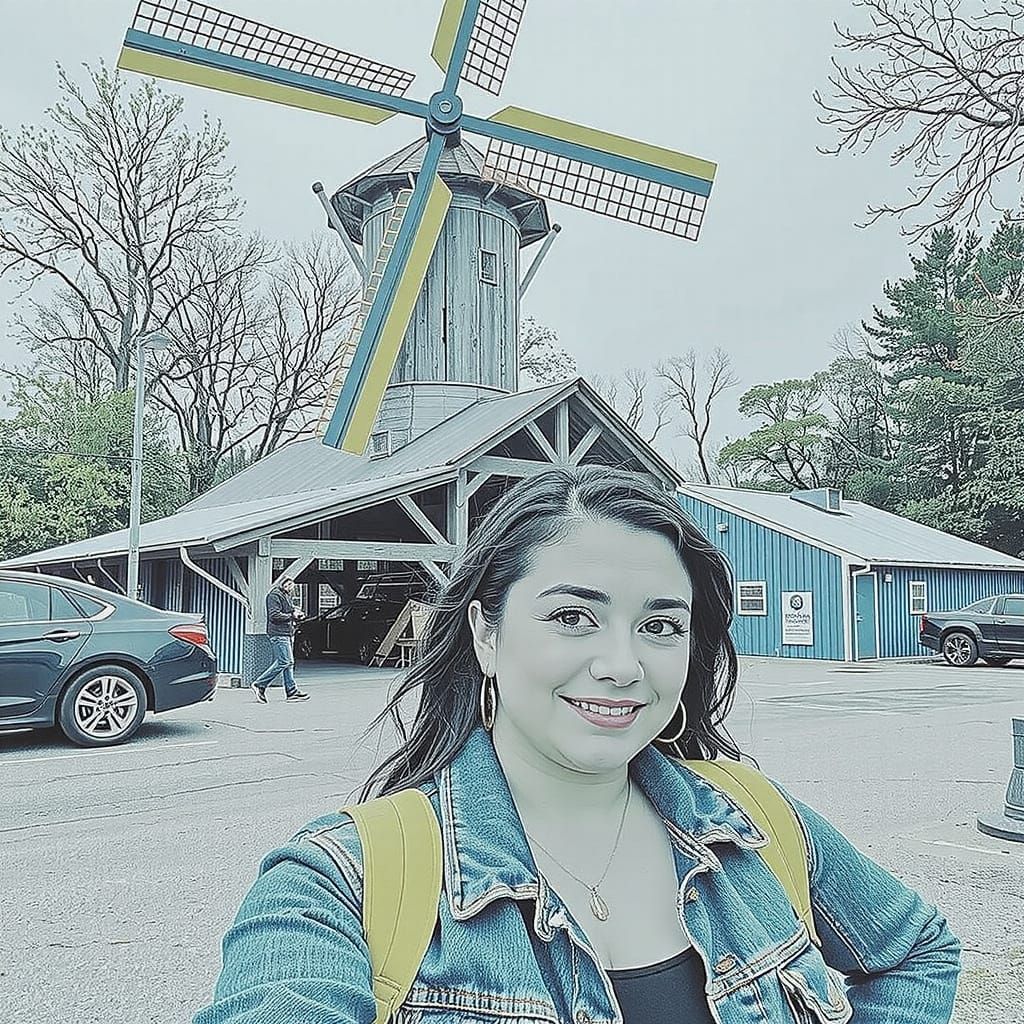 Woman Takes a Selfie in Front of a Rustic Mill
