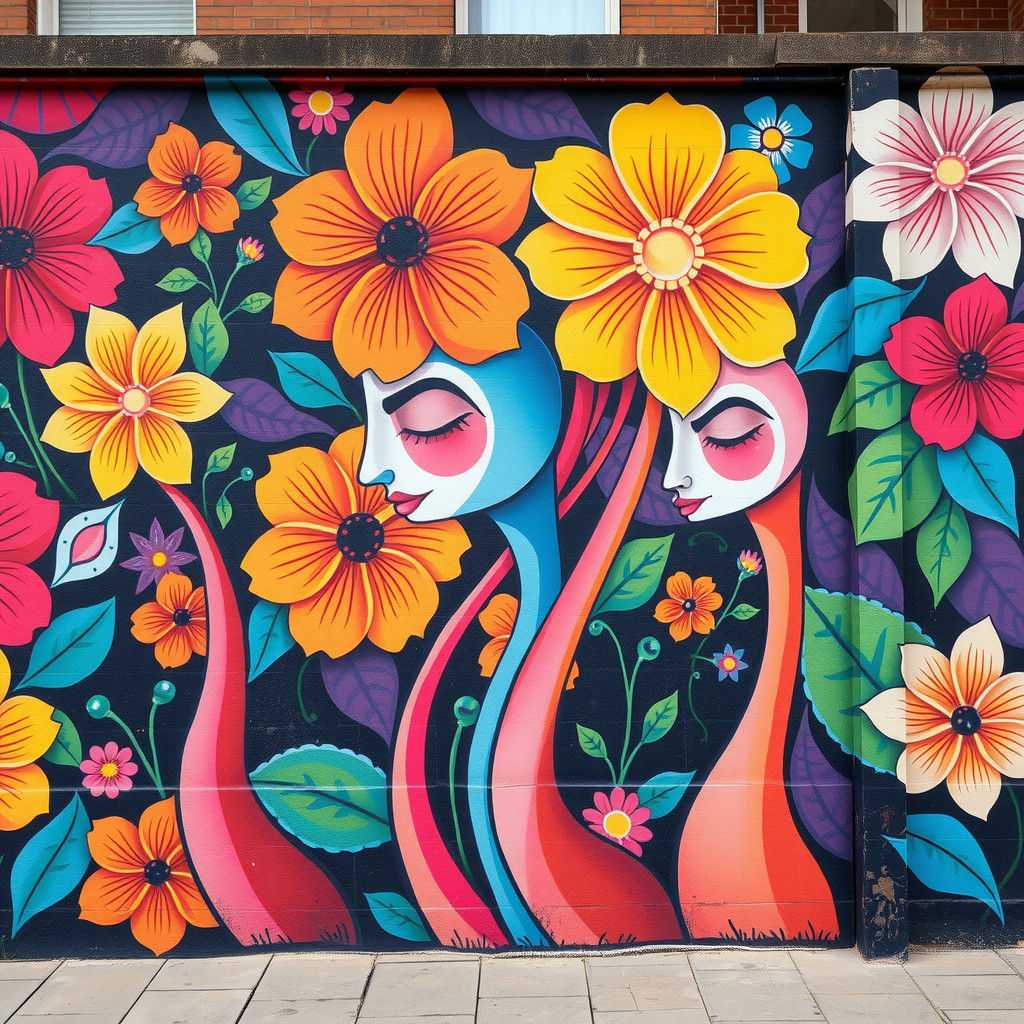 Vibrant Abstract Floral Street Art Mural