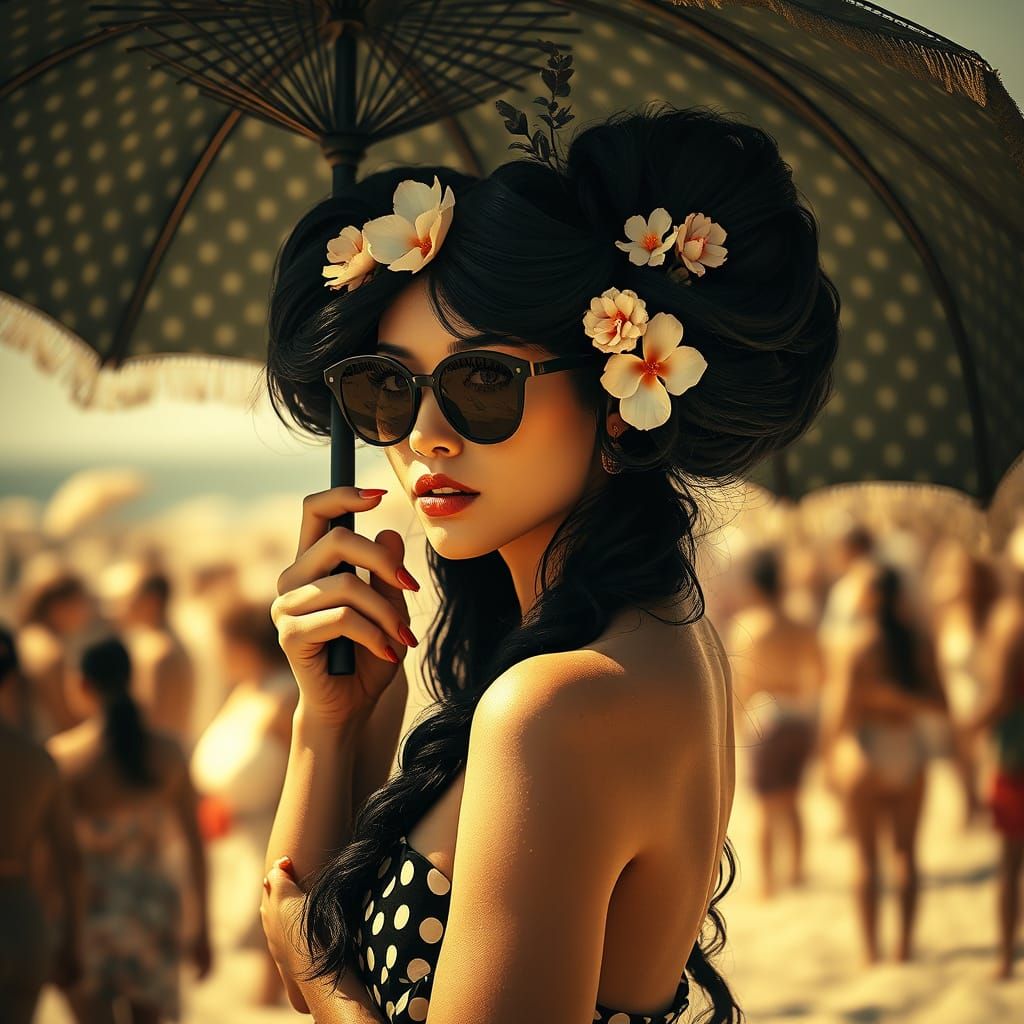 Enchanting Woman with Mystical Hair Buns and Polka Dot Umbre...