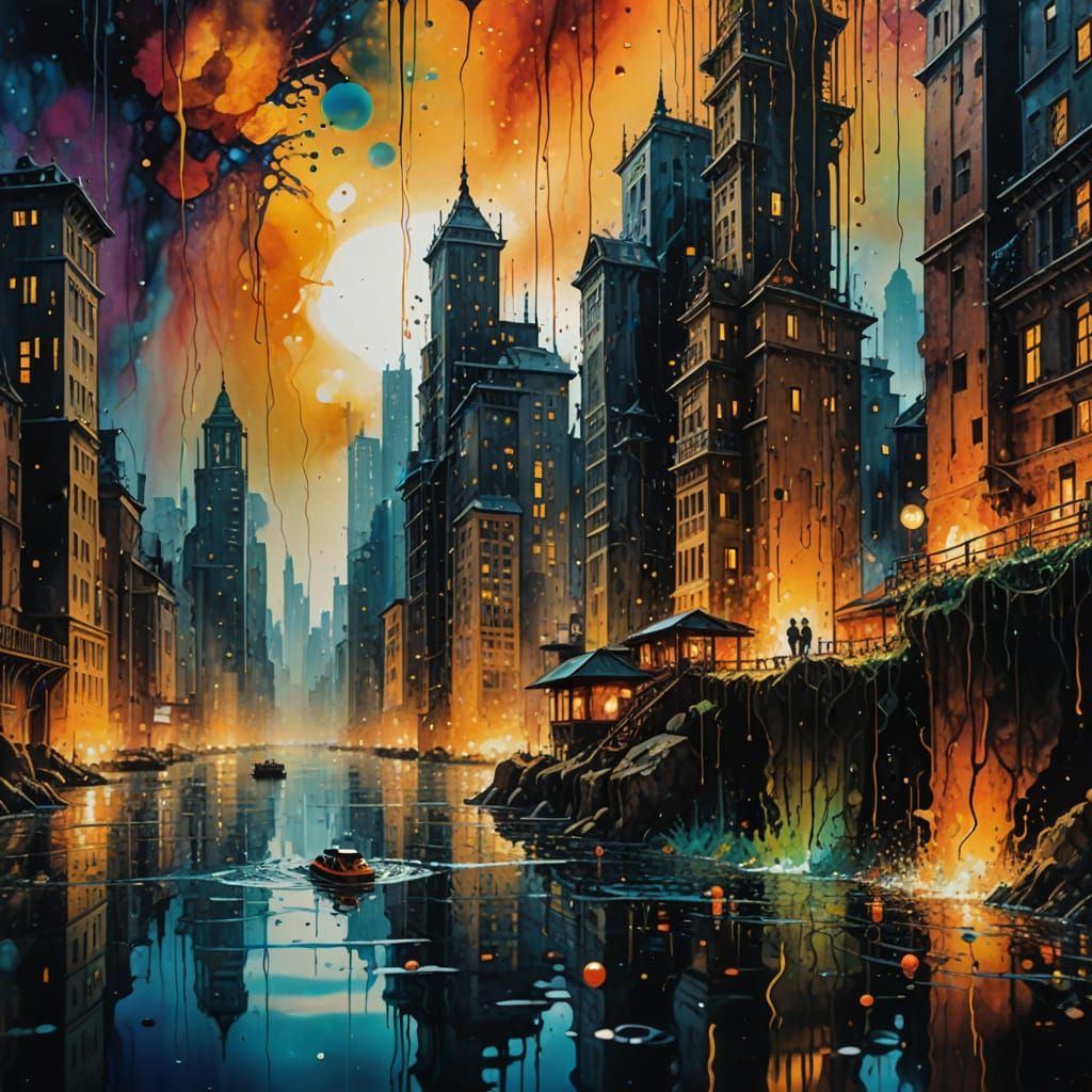Vibrant Underwater Cityscape in Abstract Ink Painting Style