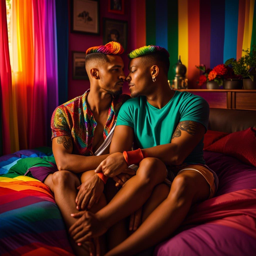 Gay Couple Cuddling in Rainbow Bedroom