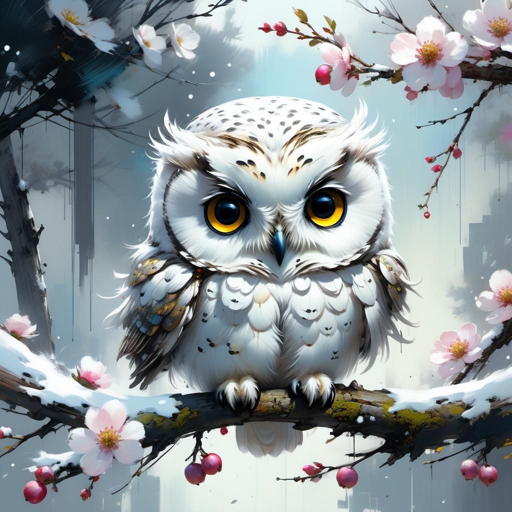 Chibi Snow Owl on Blossoming Branch: Matte Painting