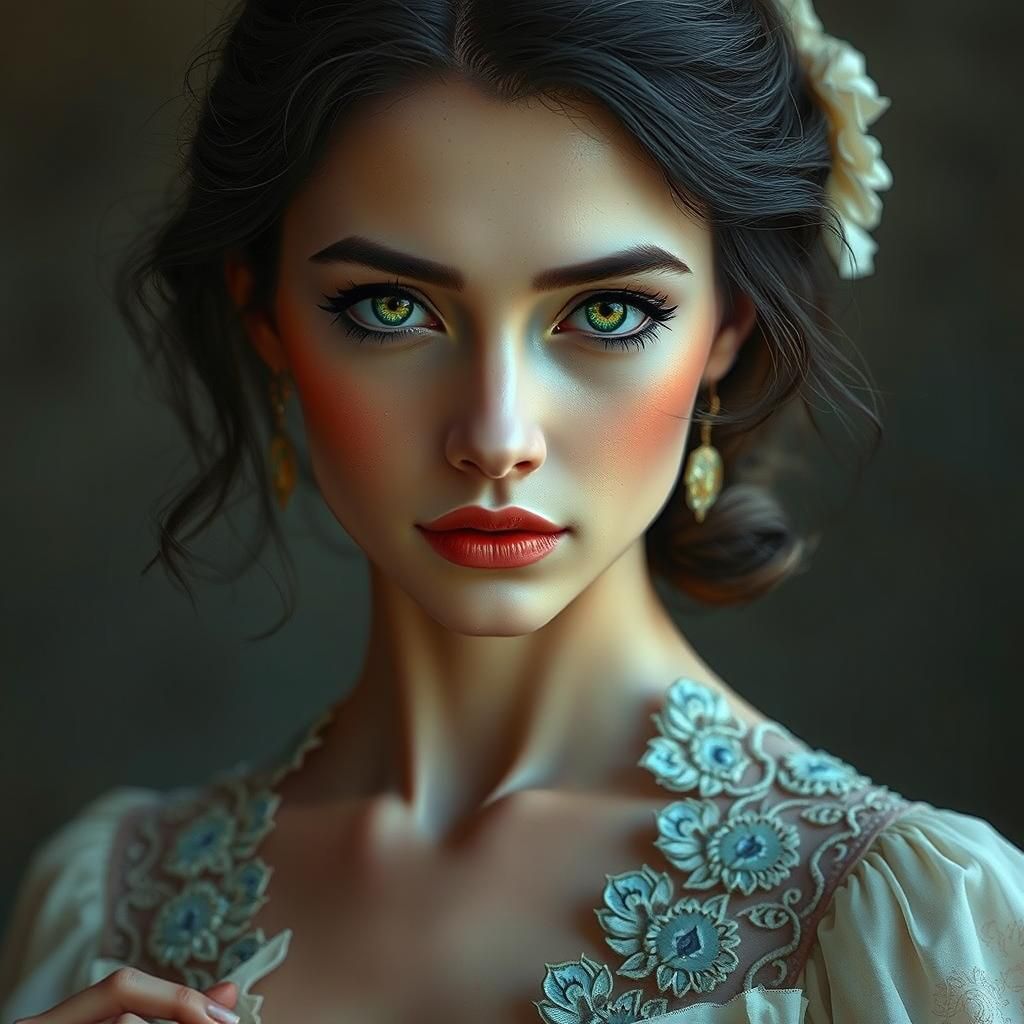 Captivating Emerald-Eyed Woman Portrait with Golden Light