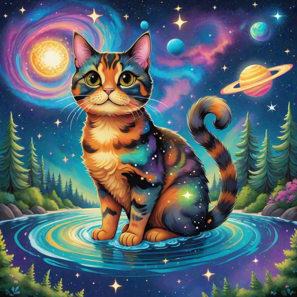 A whimsical illustration of a tortie cat planet floating in ...