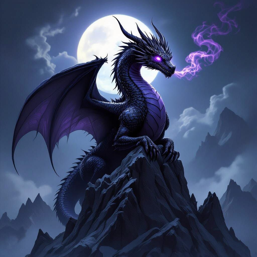 Majestic Black Dragon on Mountain Peak in Dark Fantasy Style