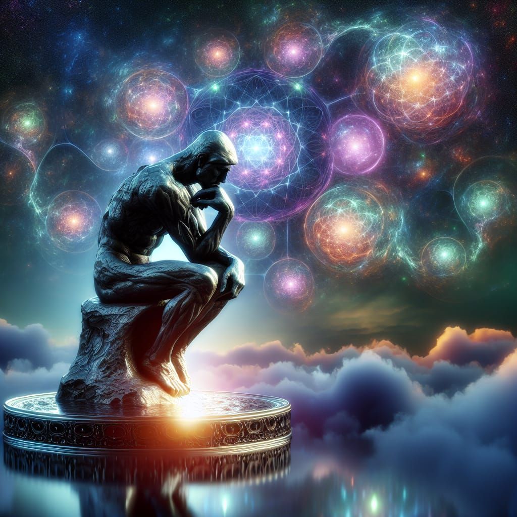 Melting Thinker Statue in Neon Geometric Landscape