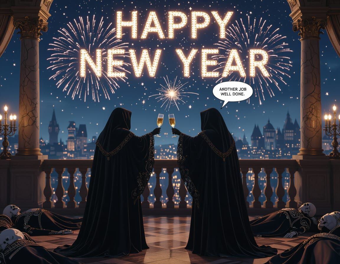 Grim Reapers Toast New Year's Fireworks on Balcony