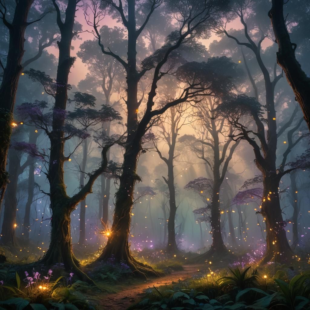 Mystical Forest Illuminated by Fireflies in Golden Light