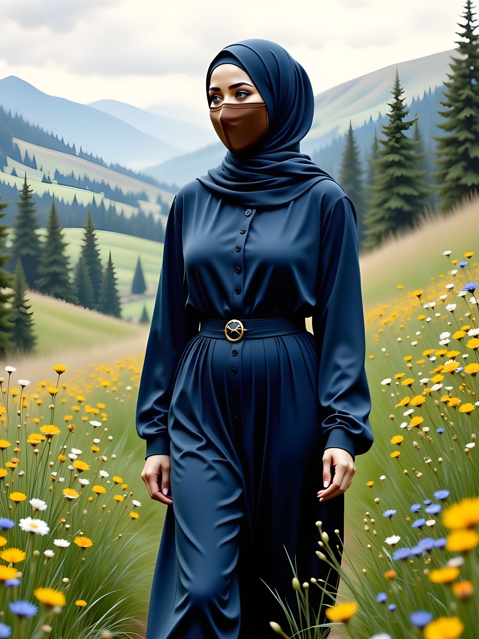 Hijabi Woman in Meadow, Art Nouveau Style