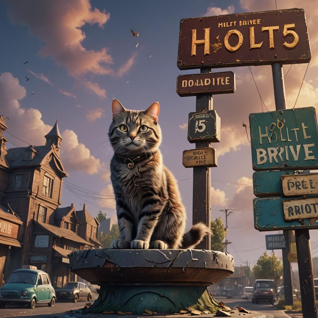 Cat on Holt Drive Sign: Fantasy Concept Art