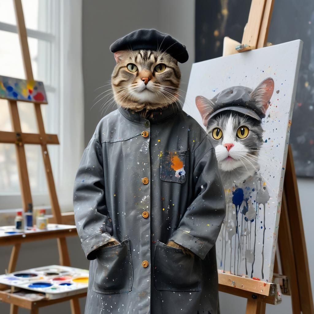 Cat Artist Painting Mouse in Studio