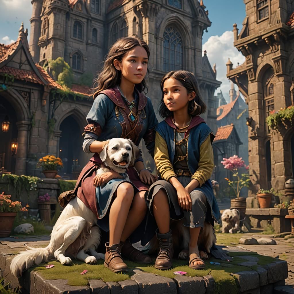 Dog Sitting on Girl: Detailed Fantasy Art