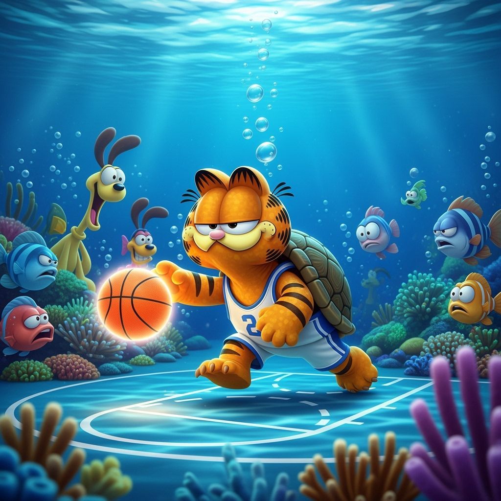 Turtle Plays Underwater Basketball in Garfield Style