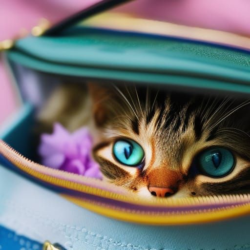 Tabby Cat Peeking from Purse, Detailed Matte Painting