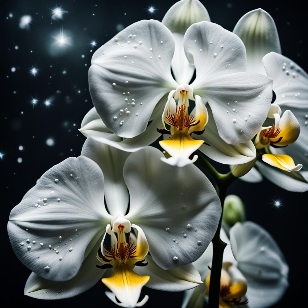 White Orchids Floating in Starry Sky