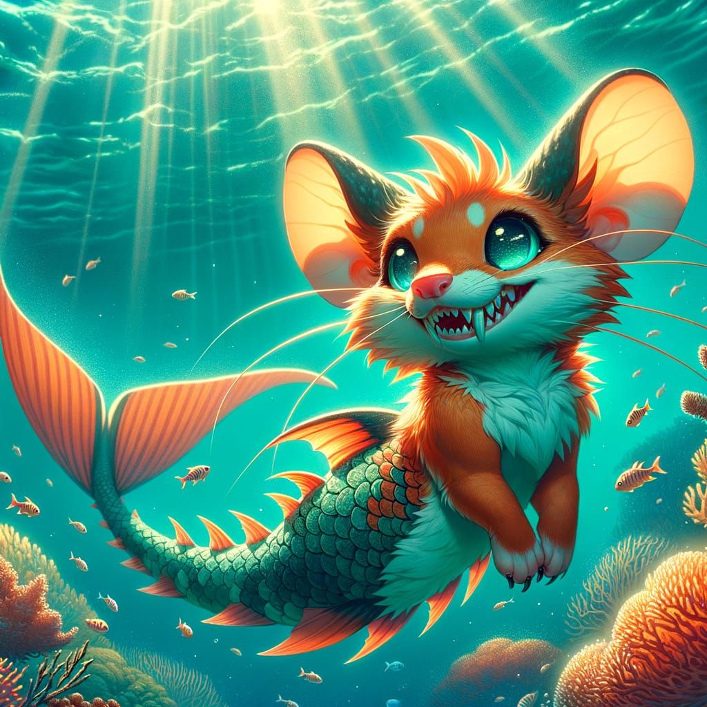 Orange Mousefolk with Mermaid Tail in Teal Sea