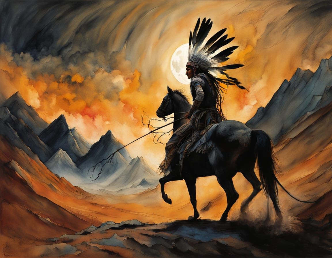 Native Warrior Performs Haunting War Dance Under Moonlit Sky