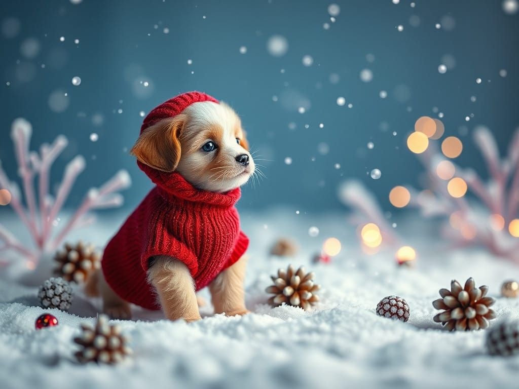 Serene Christmas Scene with Adorable Puppy in Winter Wonderl...