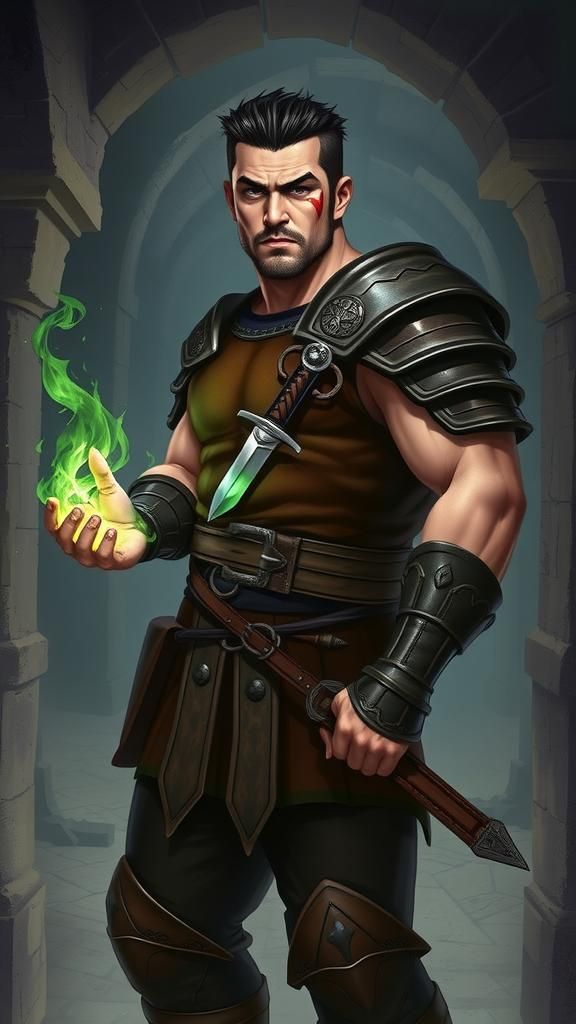 Brawny Man with Glowing Hands in Catacombs