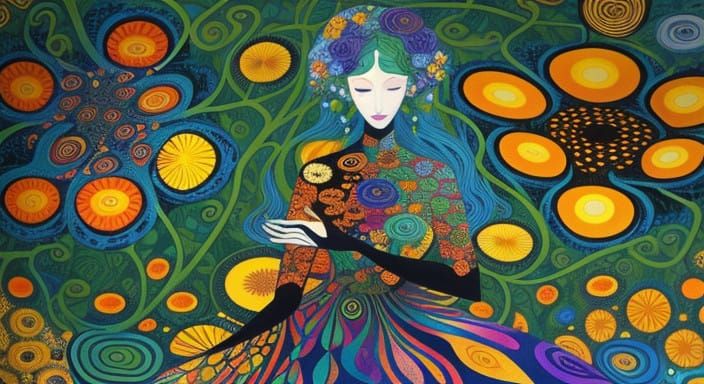 Vibrant Woman in Kaleidoscopic Garden