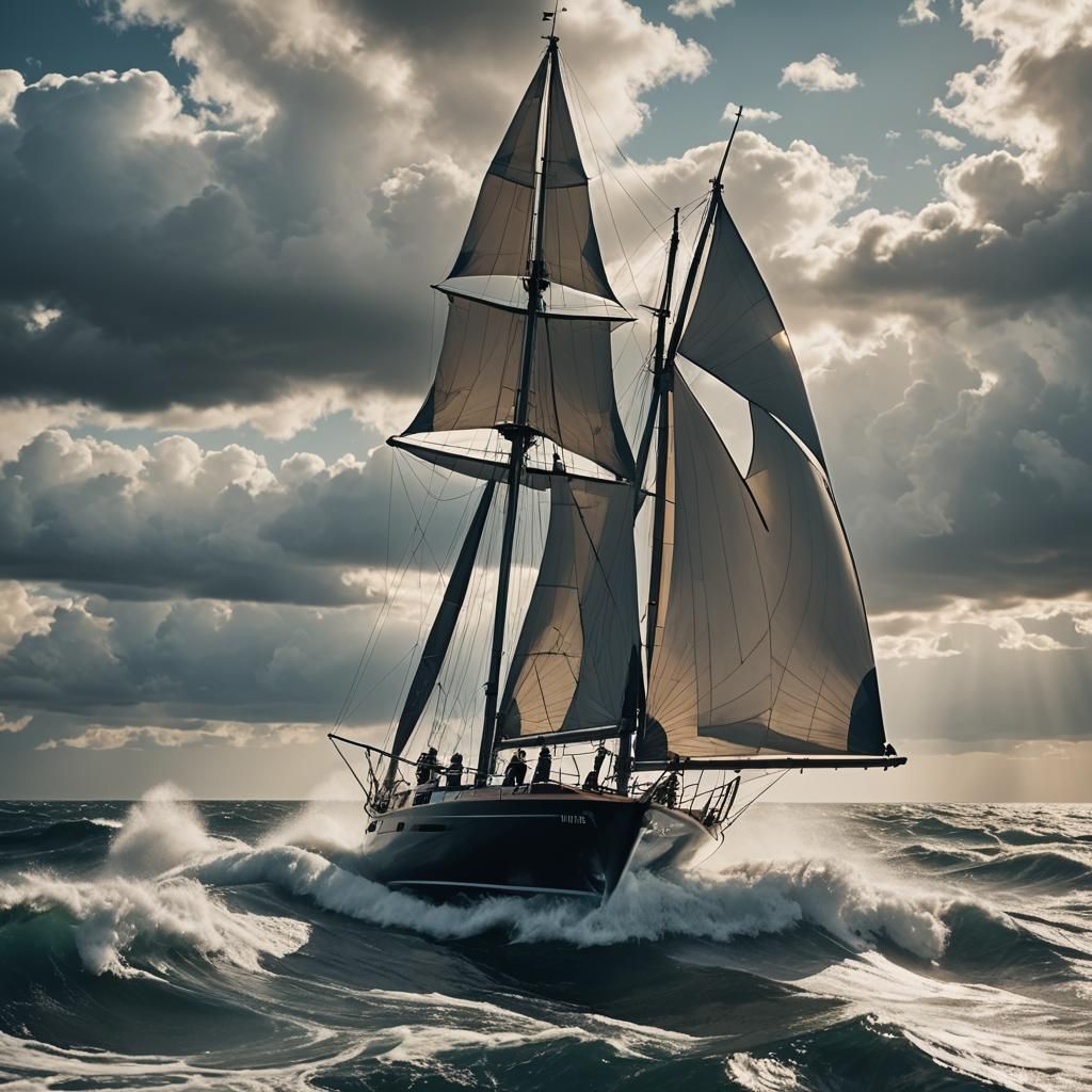 Yacht Battles Rough Seas: Cinematic Film Still