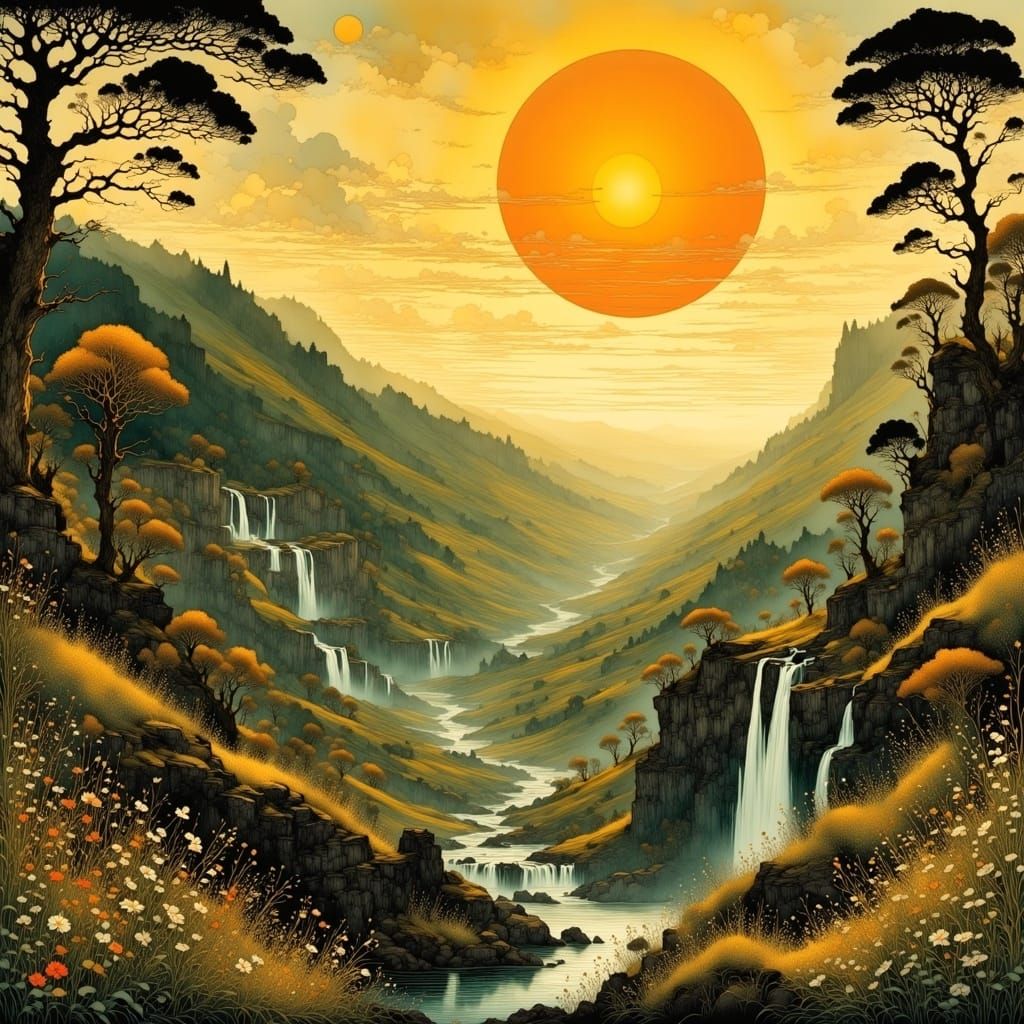 Vibrant Summer Landscape with Radiant Sun