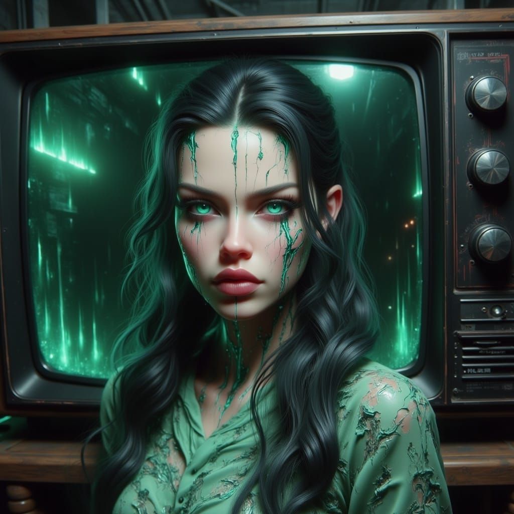 Woman Reaches Out of Distorted TV in Dark, Glitchy Scene