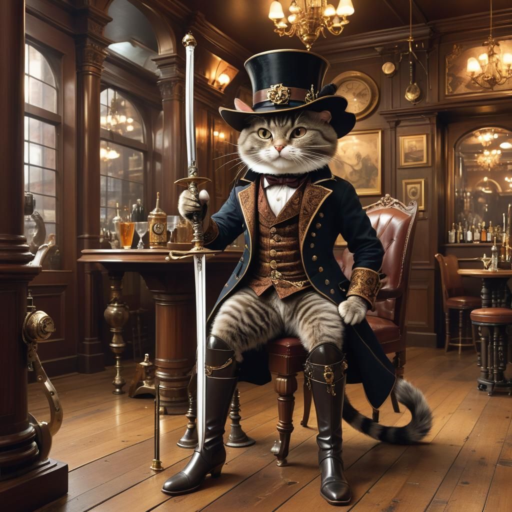 Whiskered Cat as Musketeer in Victorian Bar