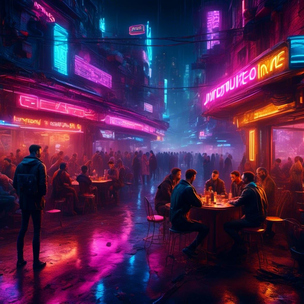 Cyberpunk Cafe Scene in Dystopian City