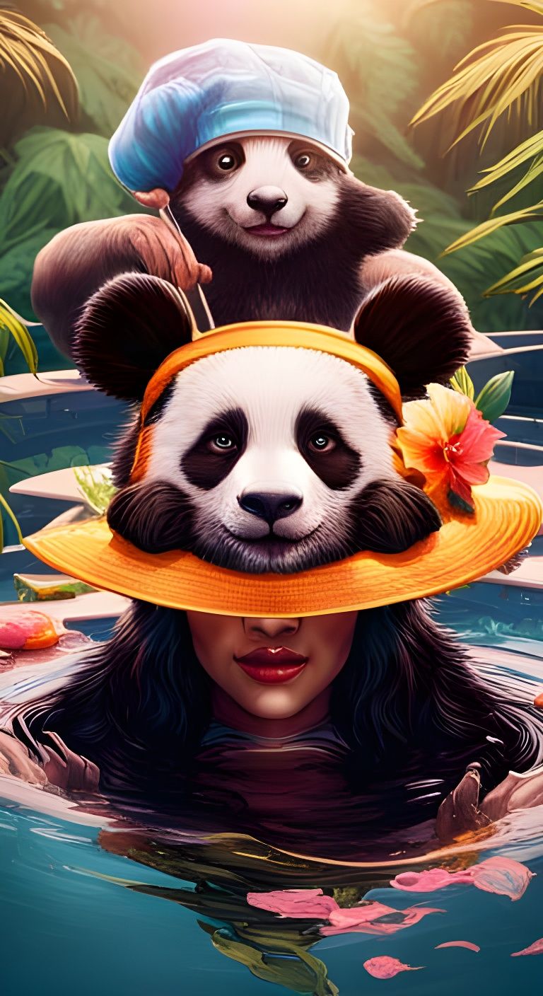 Panda in Swimming Pool, Detailed 3D Digital Art