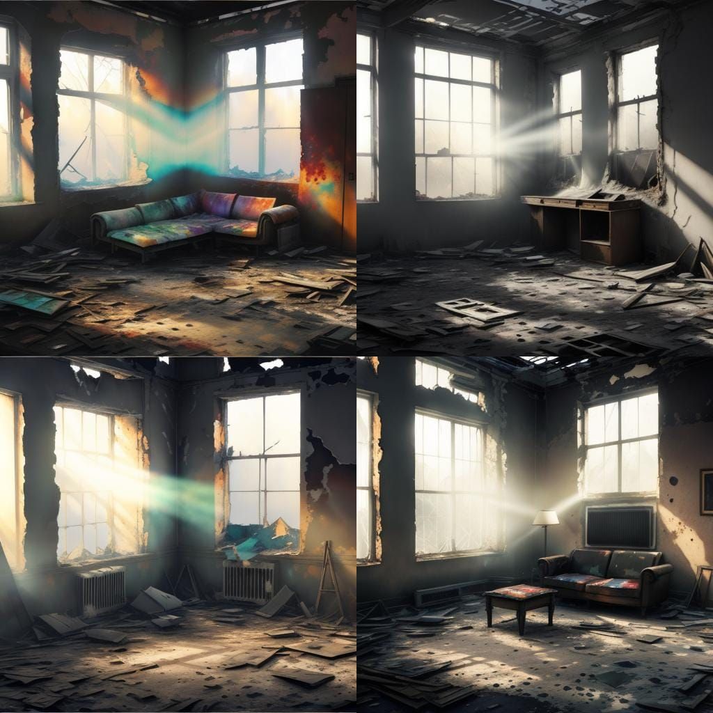 Abandoned War-Torn Room with Sleeping Cat