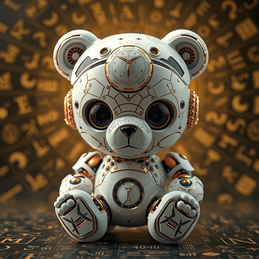 chibi bobblehead robotic teddy bear in glittering white porc...