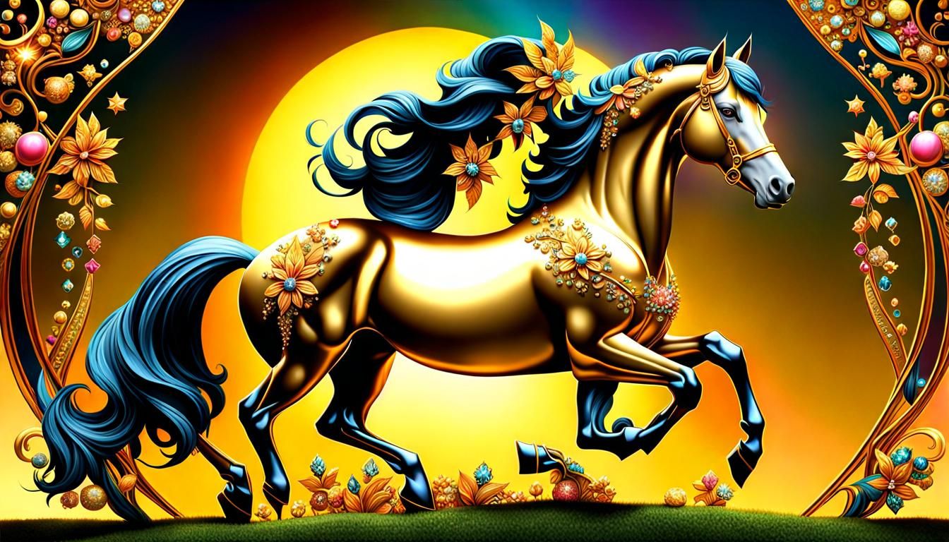 Golden Fractal Horse Portrait in Dark Fantasy Style