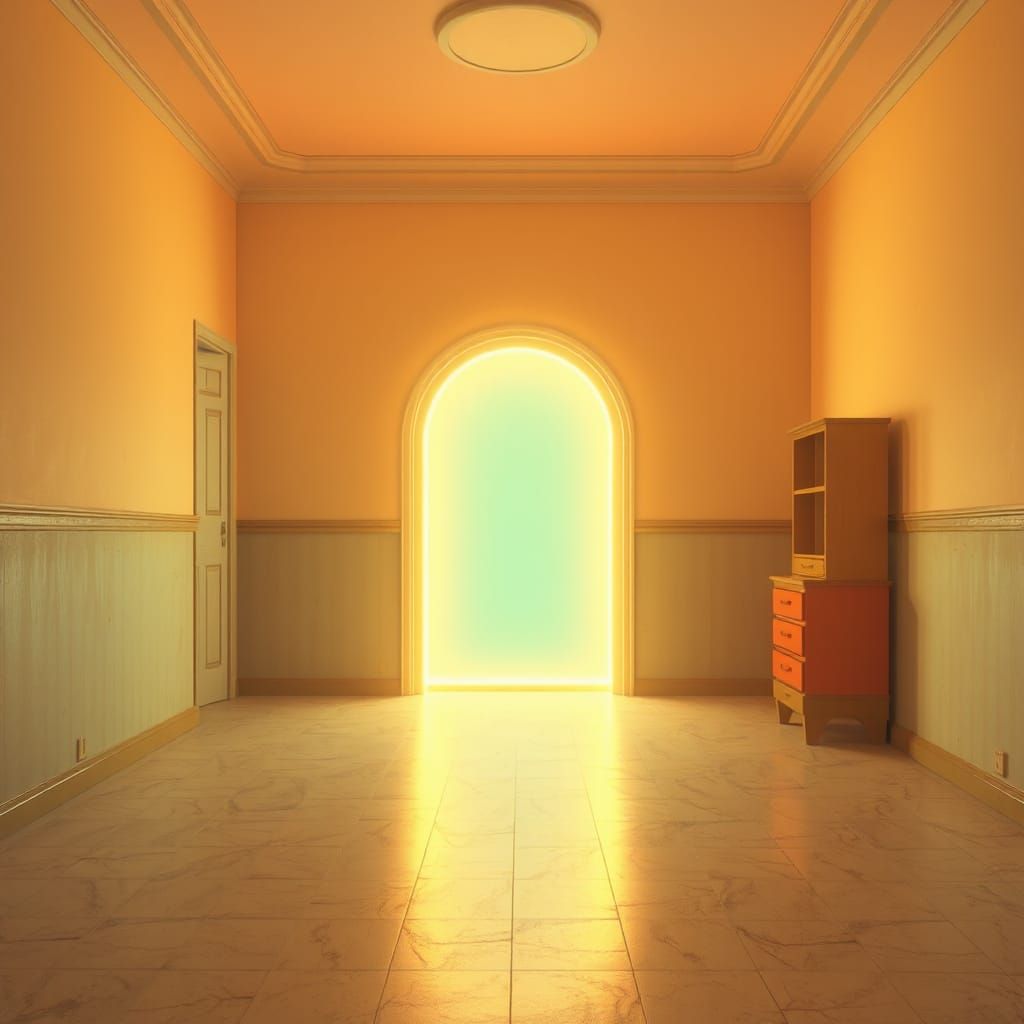 Liminal Room with Glowing Portal in Pop Art Style