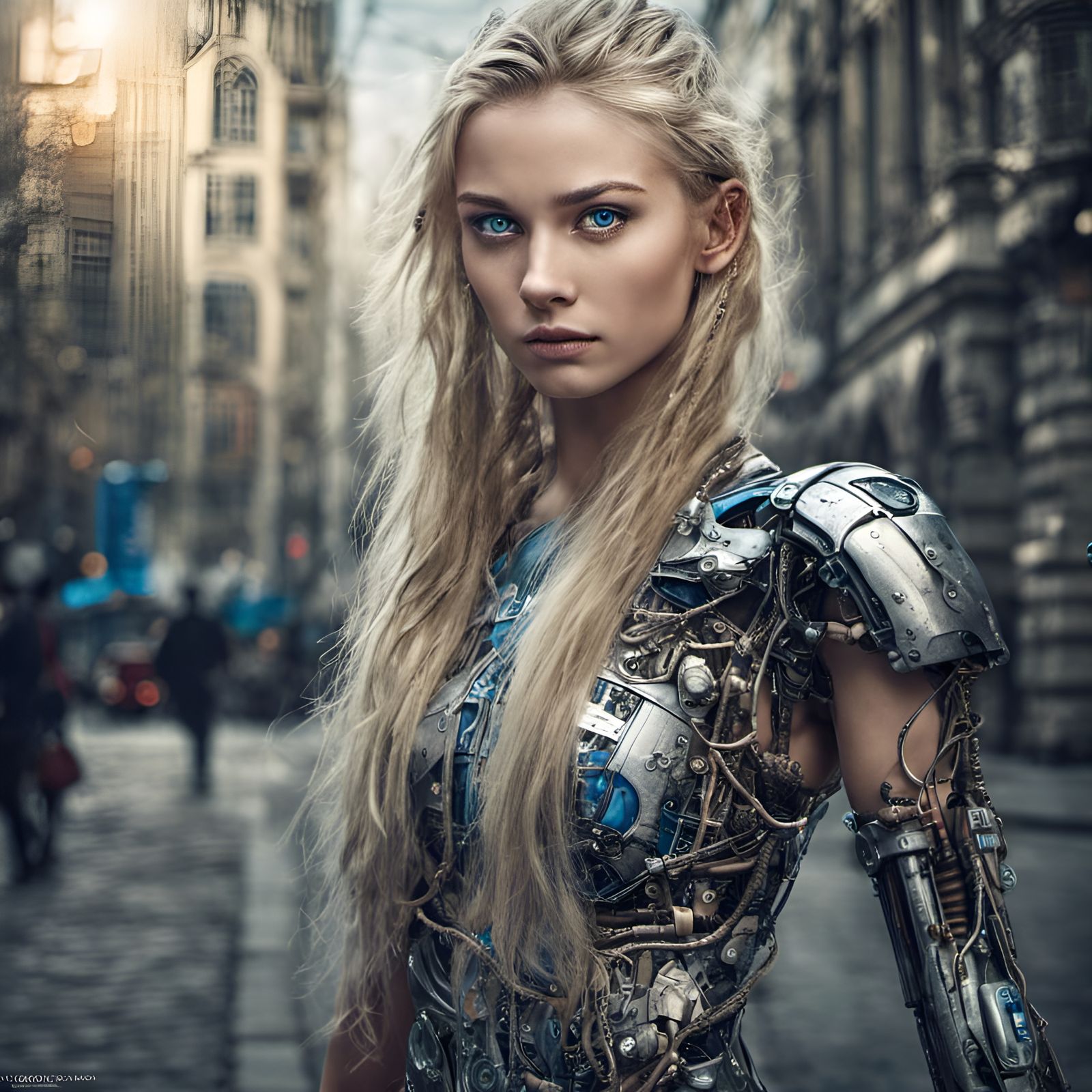 Cyborg Slavic Girl in Moody Cityscape