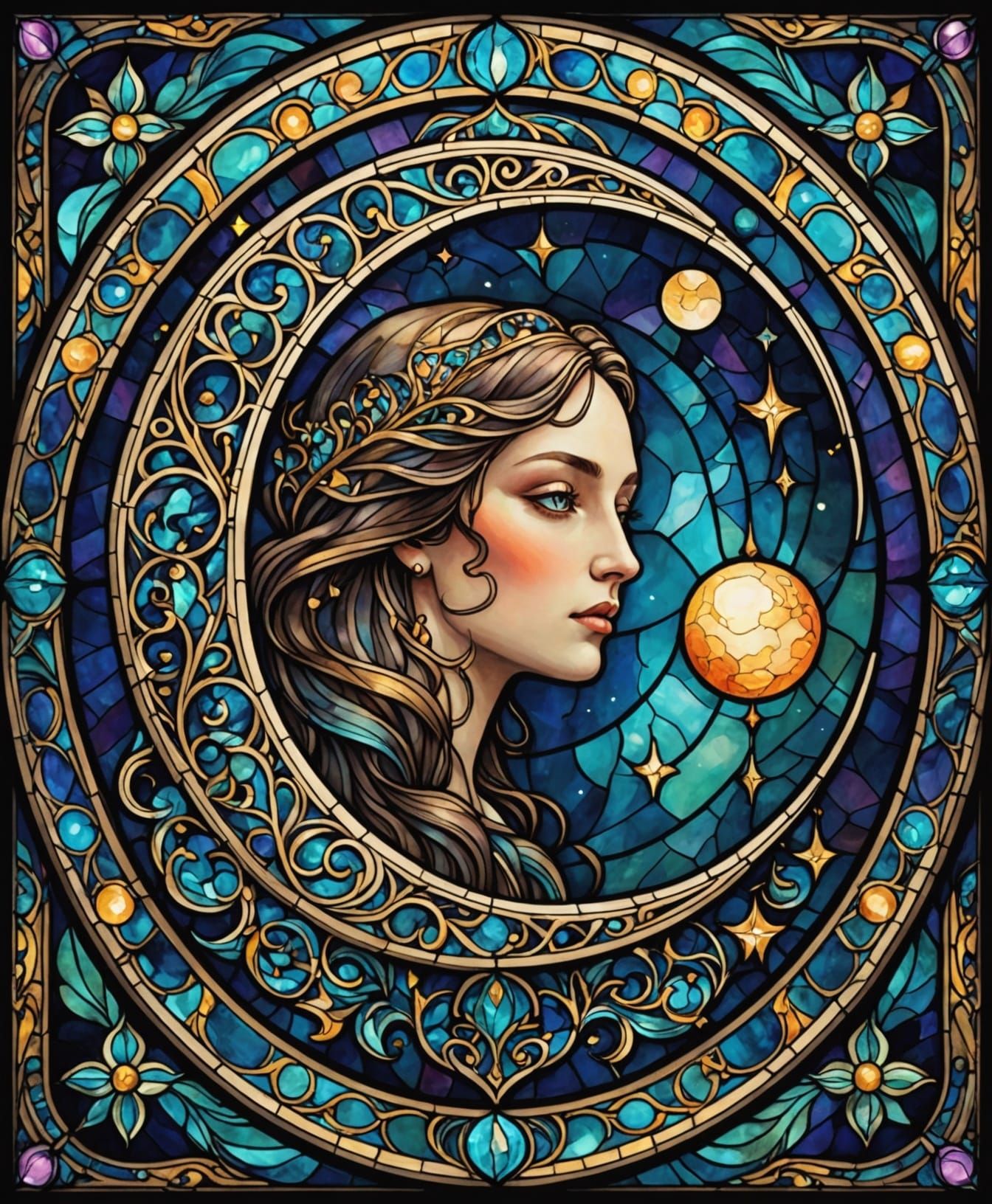 Art Nouveau Moon Goddess in Stained Glass