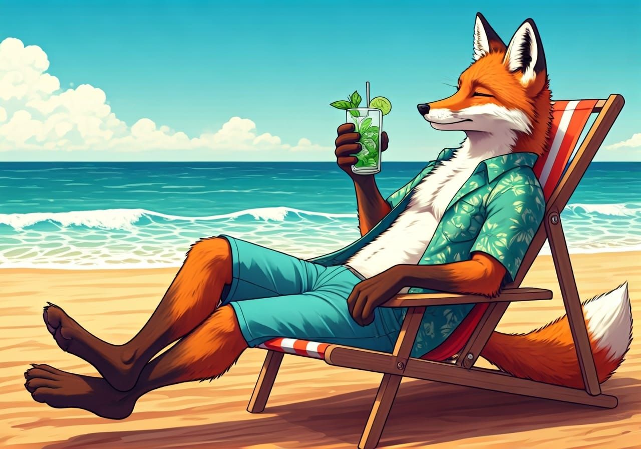 Relaxed Anthropomorphic Fox Enjoying Mojito: Manga Style